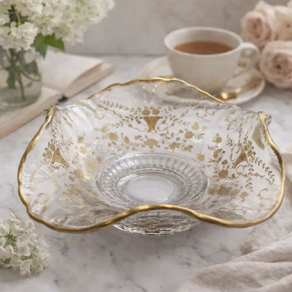 Gold Gilt Glass Serving Bowl Floral Etched Scalloped Rim Elegant Vtg